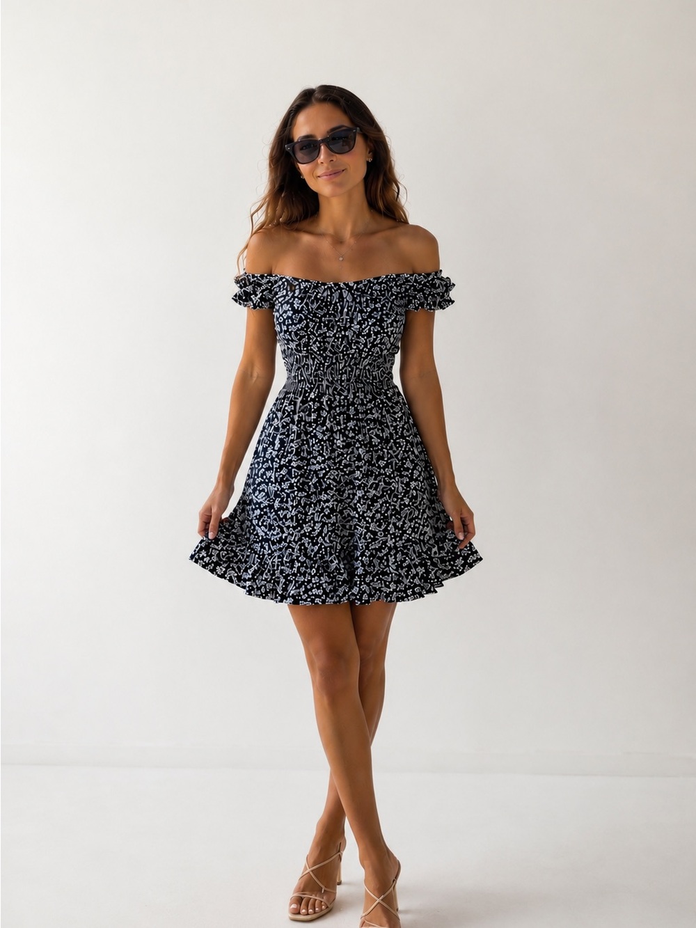Lightweight Blue Floral Smocked Waist Short Sleeve Dress made in Italy